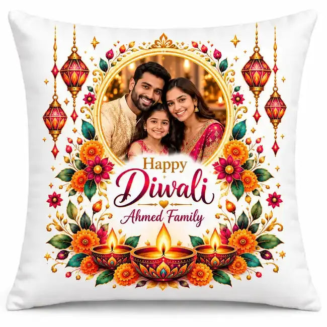 Personalised Diwali photo cushion with custom photo in an ornate gold frame, Happy Diwali greeting, family name, flowers and traditional oil lamps