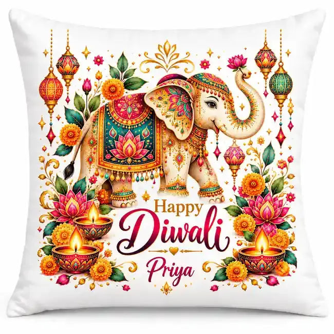 Personalised Diwali elephant cushion with decorated elephant illustration, Happy Diwali greeting, custom name, pink lotus flowers and glowing oil lamps