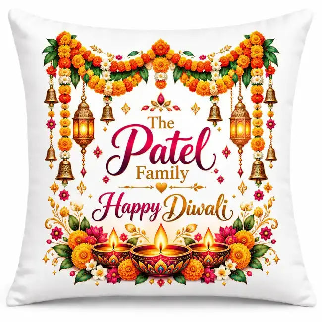 Personalised Diwali family name cushion with The Patel Family wording, Happy Diwali greeting, marigold garlands, hanging bells and glowing oil lamps