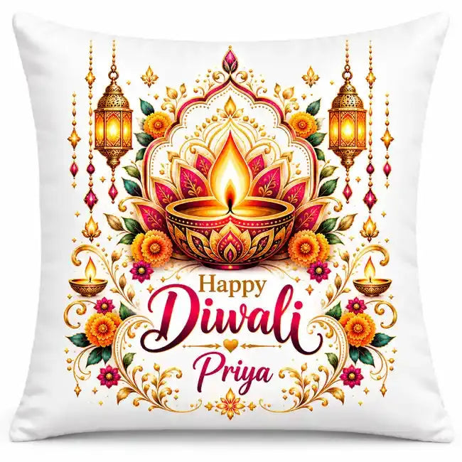 Personalised Diwali cushion with a large golden diya, Happy Diwali greeting, custom name, lotus flowers, hanging lanterns and gold floral details