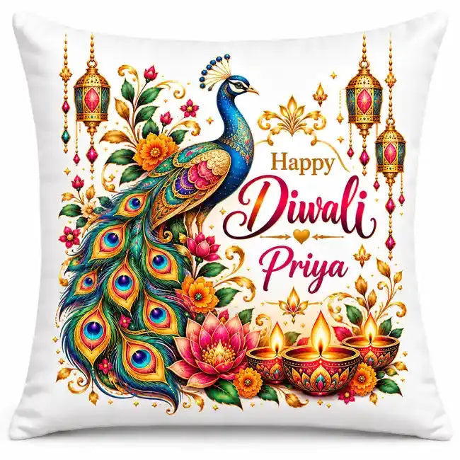 Personalised Diwali peacock cushion featuring a colourful peacock with patterned tail feathers, Happy Diwali greeting, custom name and glowing oil lamps