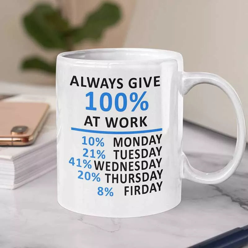 funny personalised coffee mug with 100% work percentage quote
