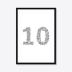 Personalised 10th Anniversary Number Word Art – Classic Layout – Names & Date – A3 – black frame