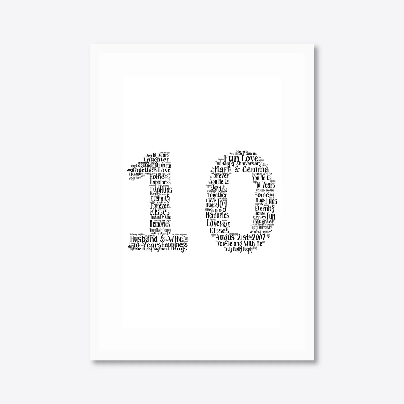 Personalised 10th Anniversary Number Word Art – Classic Layout – Names & Date – A3 – white frame