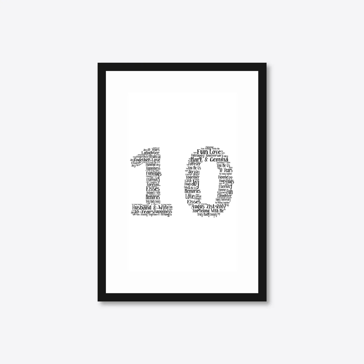 Personalised 10th Anniversary Number Word Art – Classic Layout – Names & Date – A4 – black frame