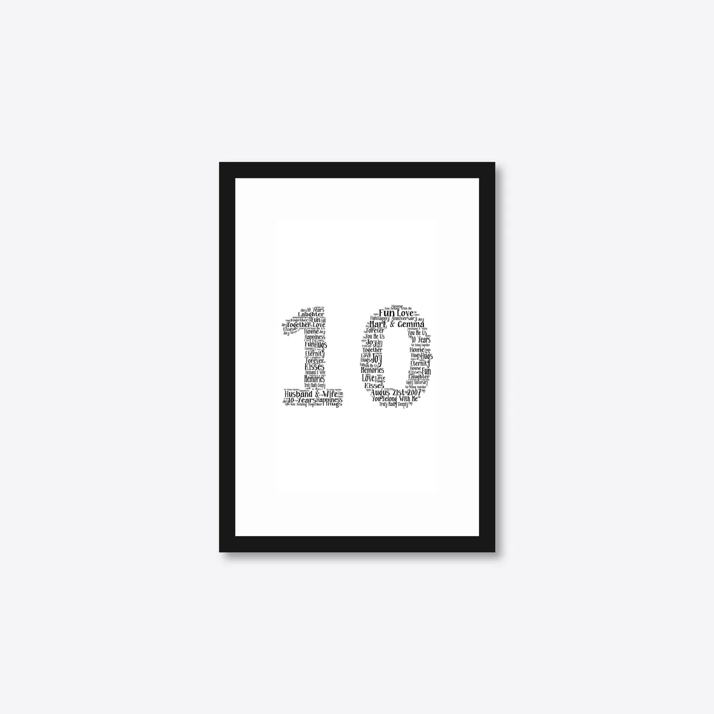 Personalised 10th Anniversary Number Word Art – Classic Layout – Names & Date – A5 – black frame