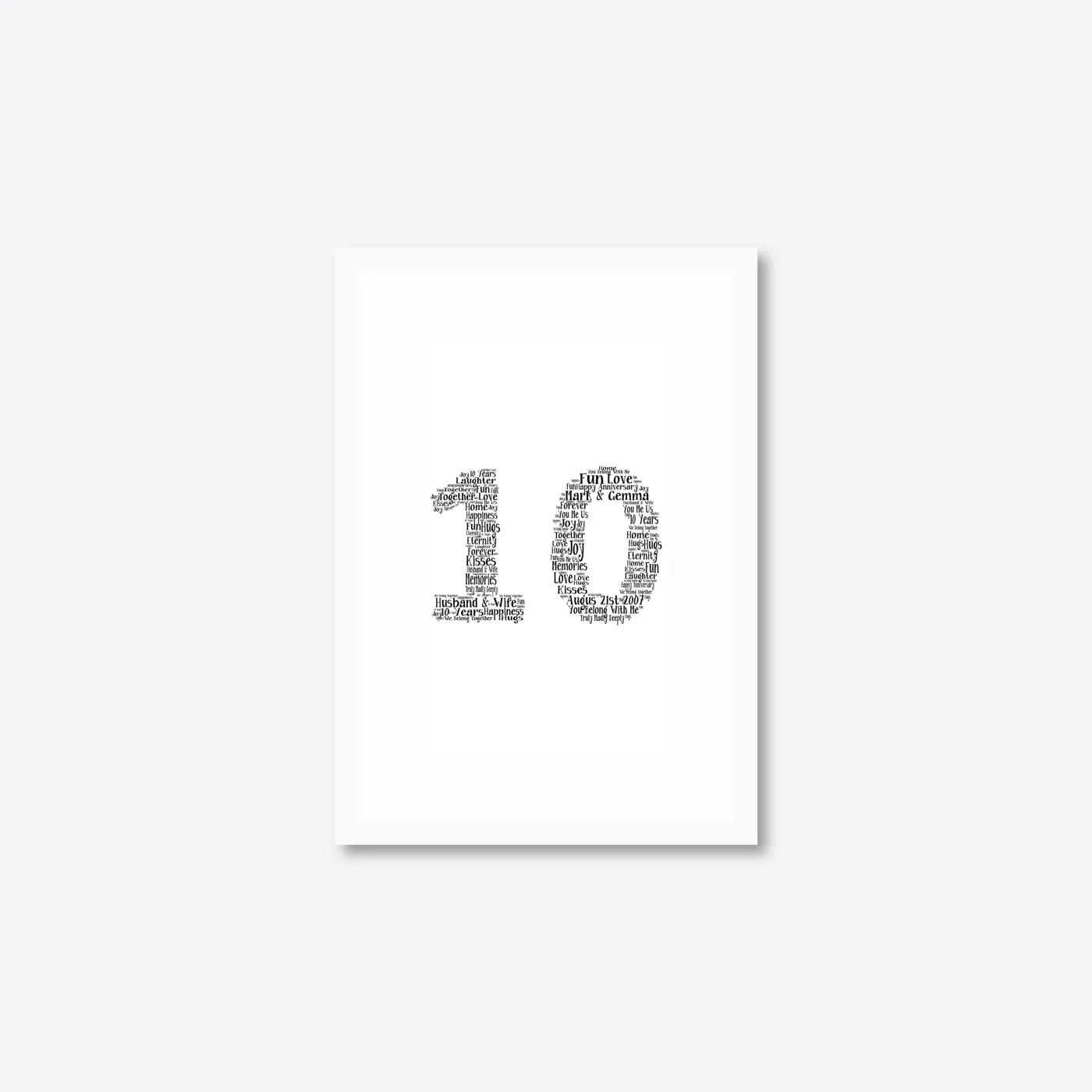 Personalised 10th Anniversary Number Word Art – Classic Layout – Names & Date – A5 – white frame