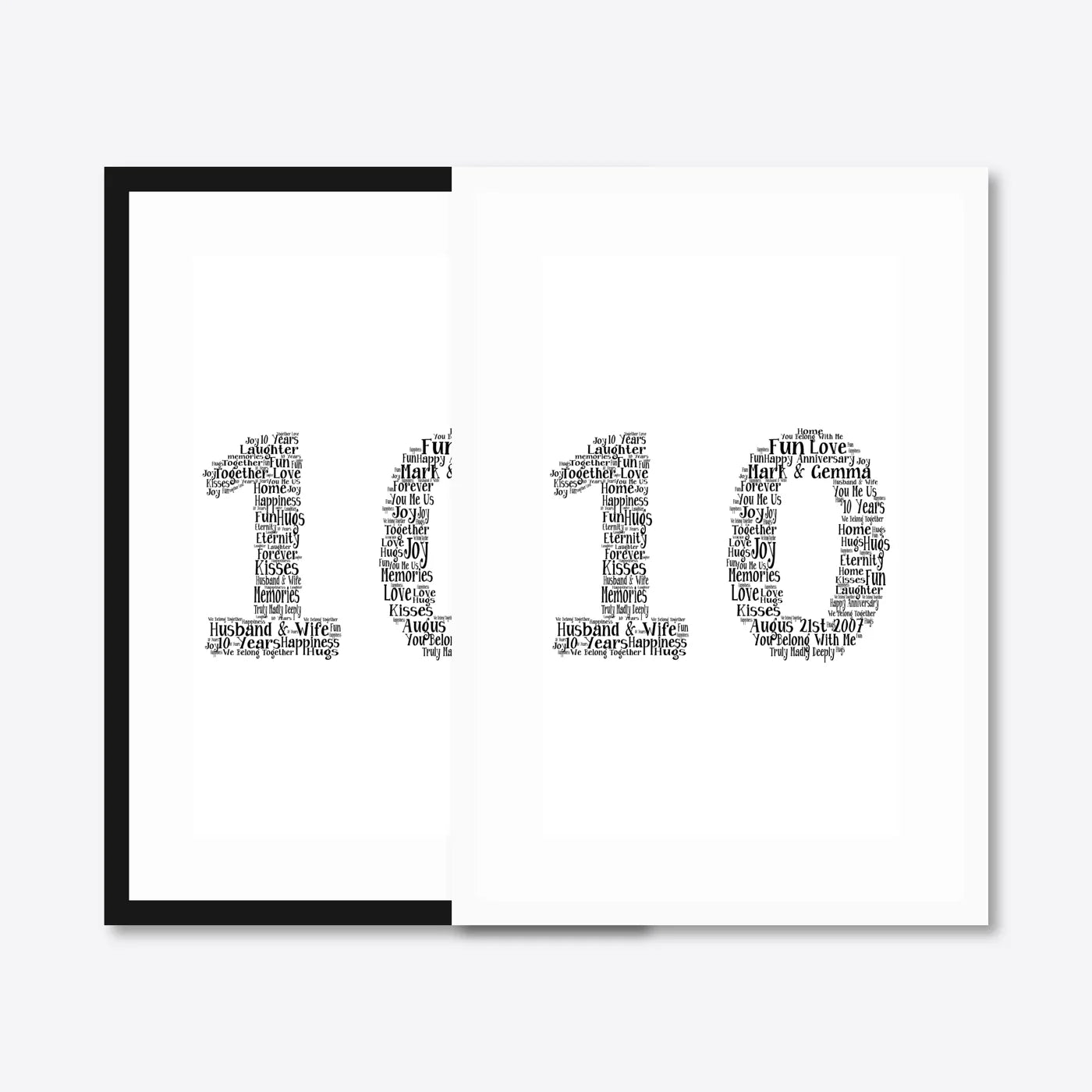 Personalised 10th Anniversary Number Word Art – Classic Layout – Names & Date – black & white frames side-by-side