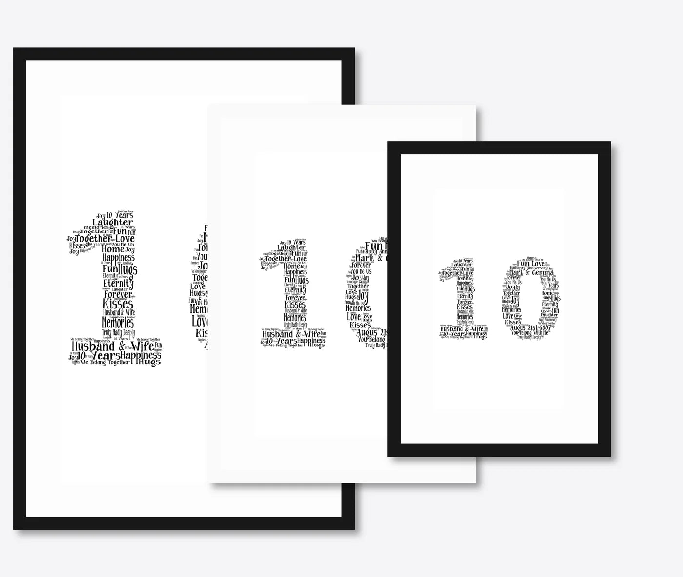 Personalised 10th Anniversary Number Word Art – Classic Layout – Names & Date – size lineup A3, A4, A5