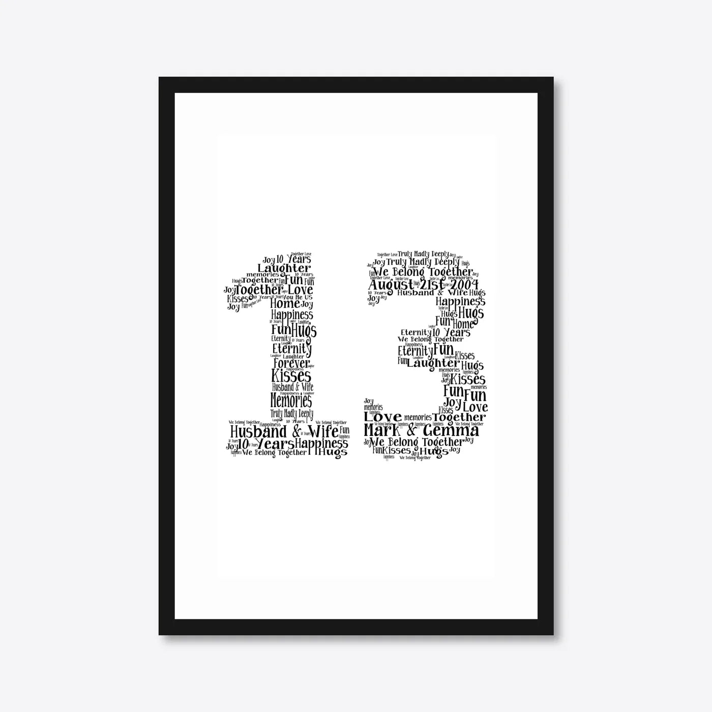 Personalised 10th Anniversary Number Word Art – Serif Layout – Names & Date – A3 – black frame