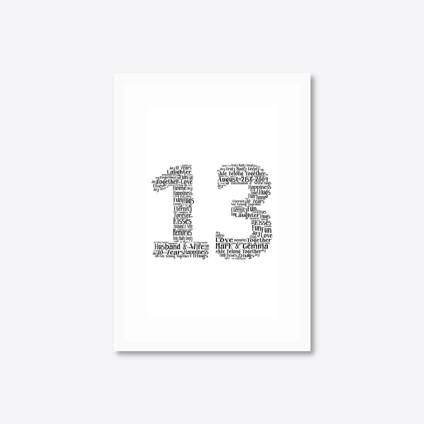 Personalised 10th Anniversary Number Word Art – Serif Layout – Names & Date – A4 – white frame