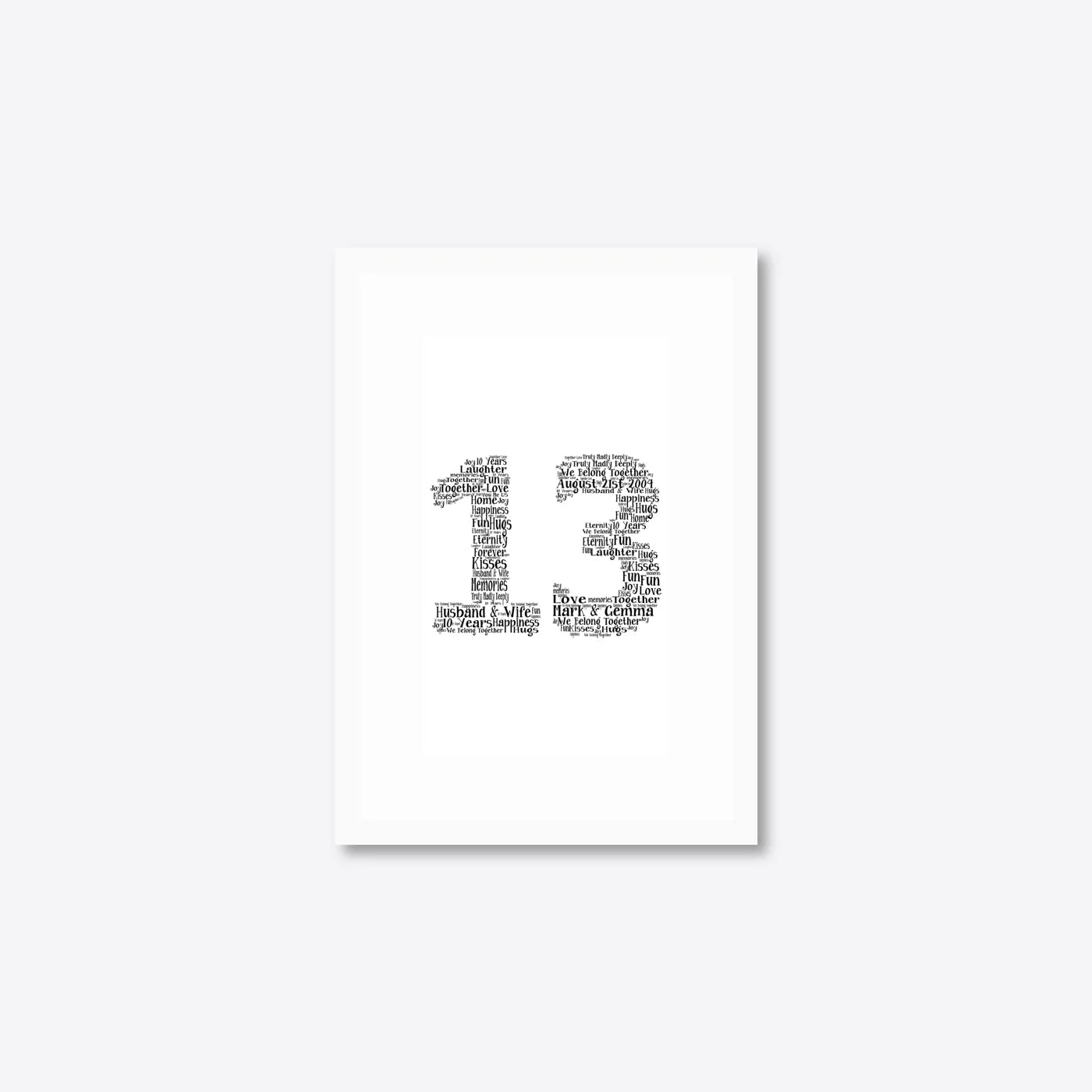 Personalised 10th Anniversary Number Word Art – Serif Layout – Names & Date – A5 – white frame