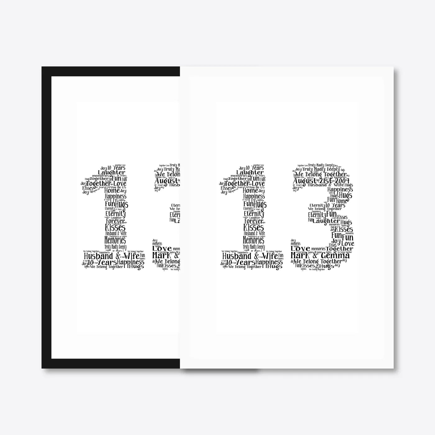 Personalised 10th Anniversary Number Word Art – Serif Layout – Names & Date – black & white frames side-by-side