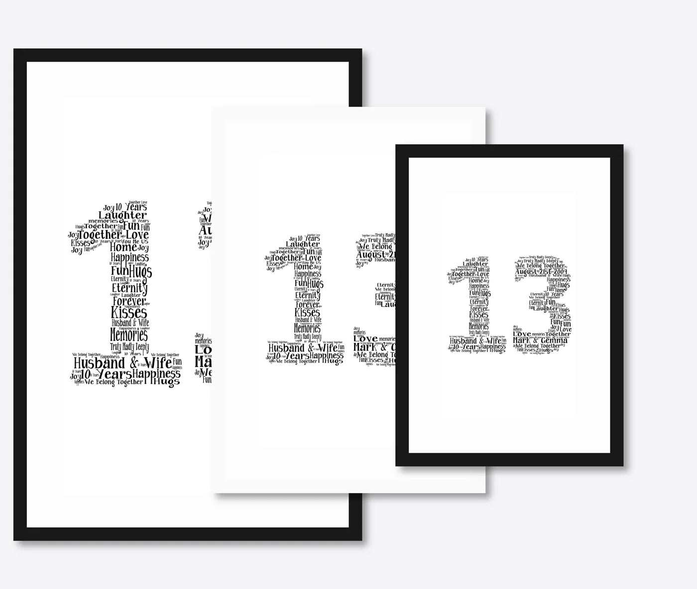 Personalised 10th Anniversary Number Word Art – Serif Layout – Names & Date – size lineup A3, A4, A5