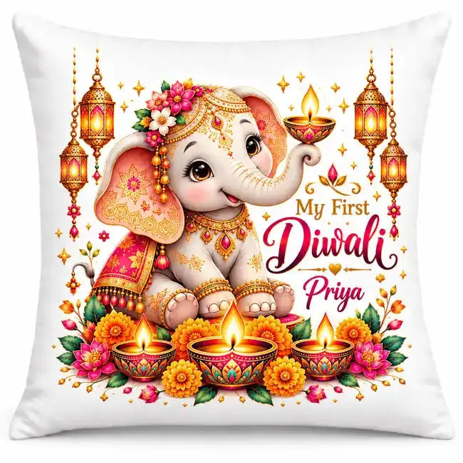 Personalised My First Diwali baby cushion with custom name, smiling baby elephant, traditional decorations, glowing oil lamps and colourful flowers