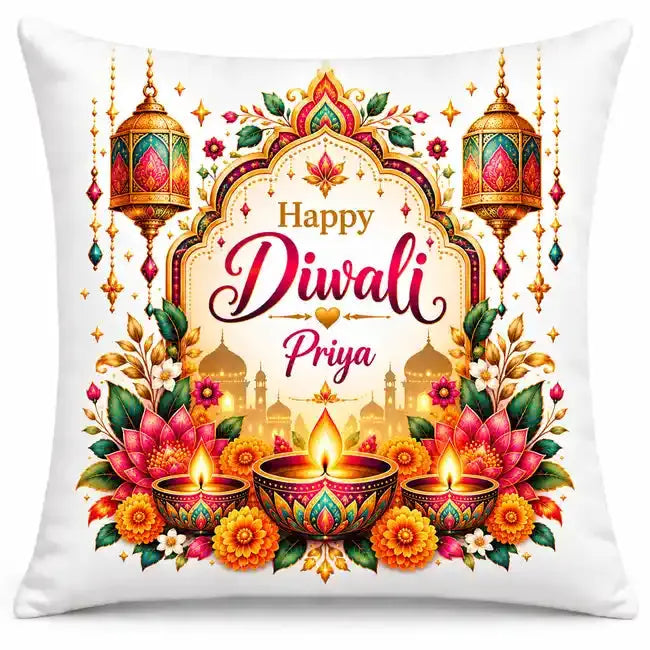 Personalised Happy Diwali cushion with custom name, ornate arch, golden temple skyline, hanging lanterns, pink lotus flowers and glowing oil lamps