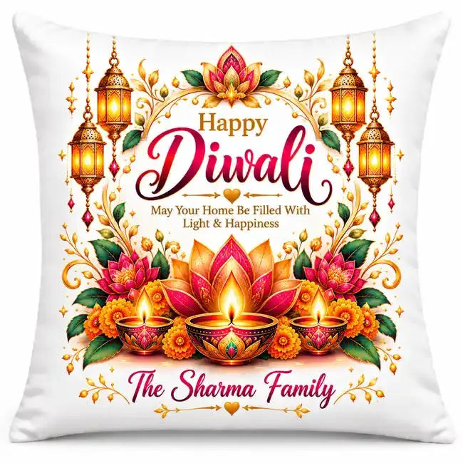Personalised Diwali family cushion with custom family name, Happy Diwali greeting, Light & Happiness blessing, lotus flowers and glowing oil lamps
