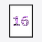 Personalised 16th Birthday Number Word Art – Purple Theme – Name & Hobbies – A3 – black frame