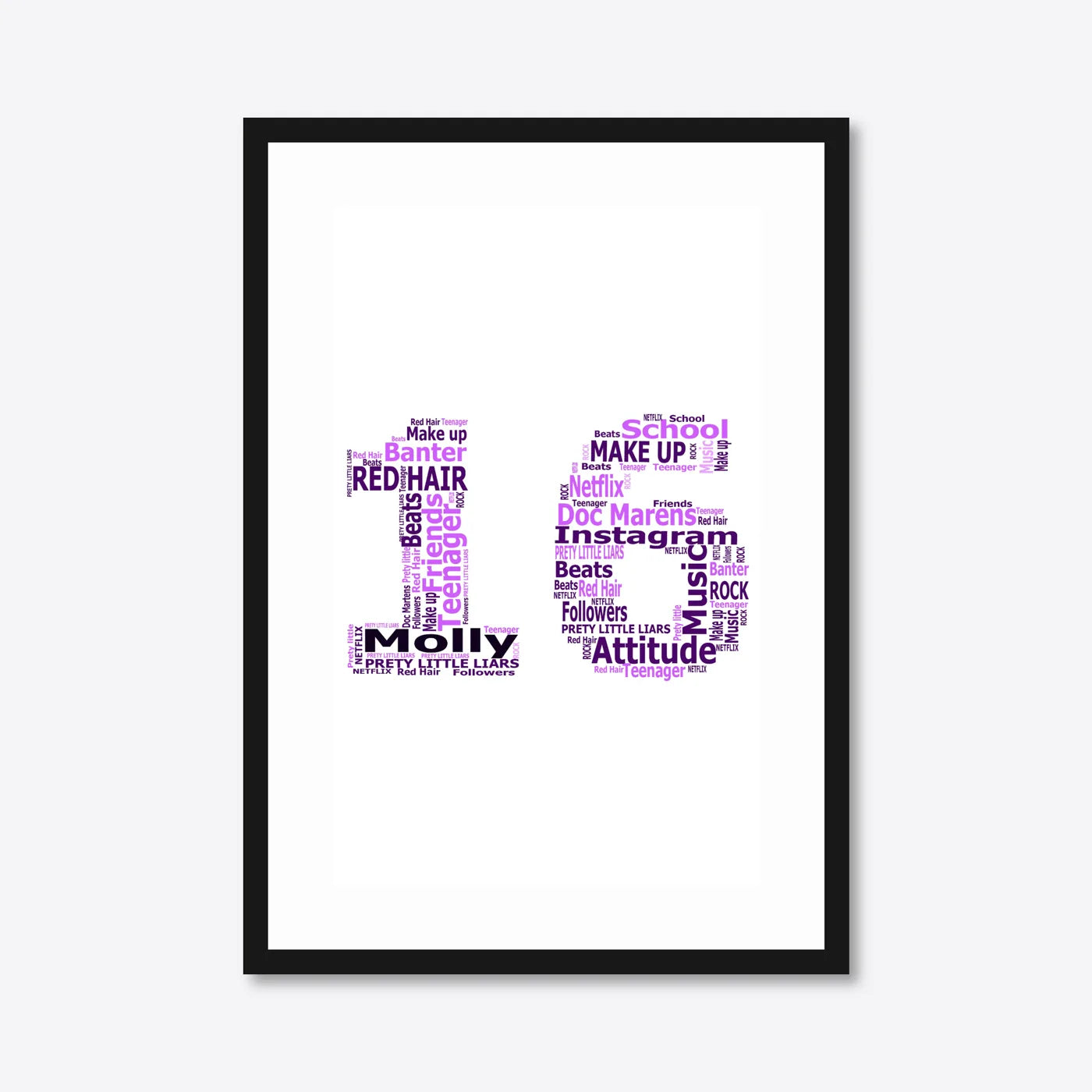 Personalised 16th Birthday Number Word Art – Purple Theme – Name & Hobbies – A3 – black frame