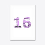 Personalised 16th Birthday Number Word Art – Purple Theme – Name & Hobbies – A3 – white frame