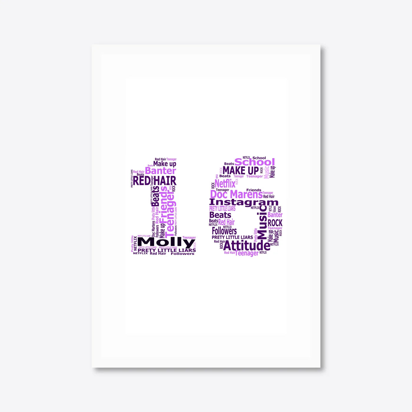 Personalised 16th Birthday Number Word Art – Purple Theme – Name & Hobbies – A3 – white frame