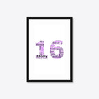 Personalised 16th Birthday Number Word Art – Purple Theme – Name & Hobbies – A4 – black frame