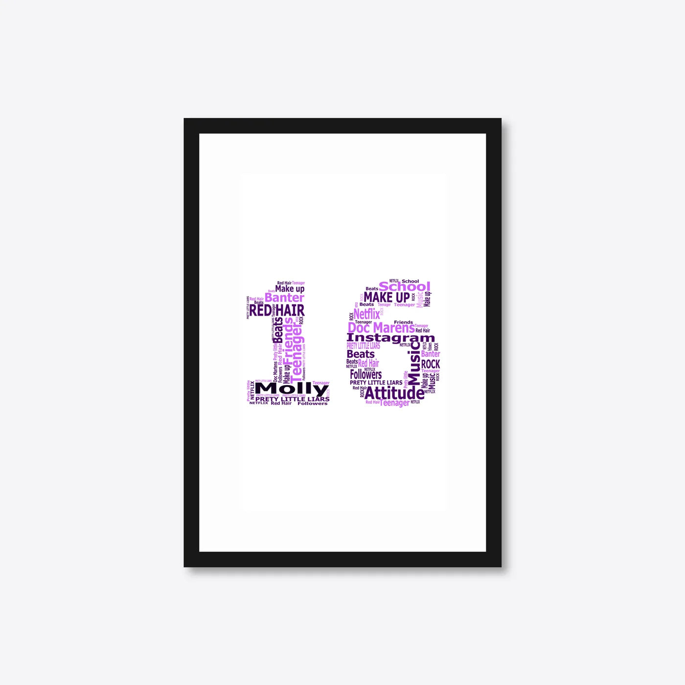 Personalised 16th Birthday Number Word Art – Purple Theme – Name & Hobbies – A4 – black frame