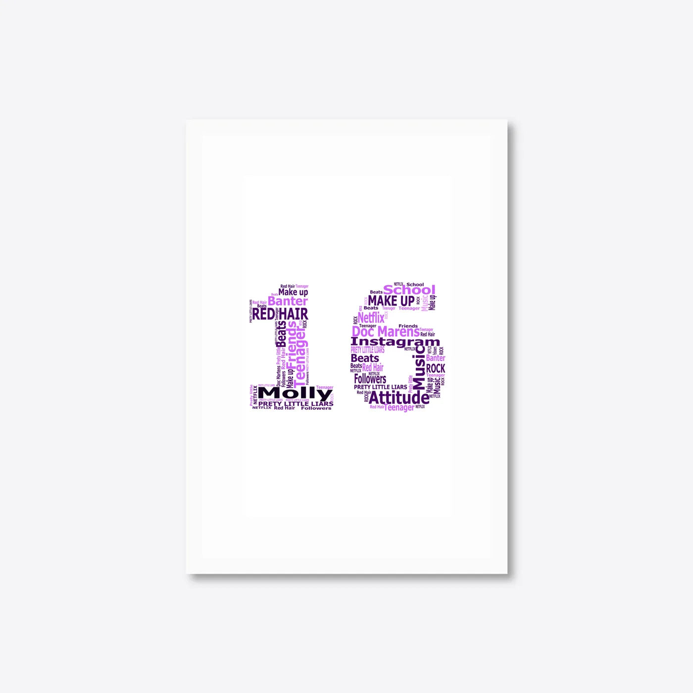 Personalised 16th Birthday Number Word Art – Purple Theme – Name & Hobbies – A4 – white frame