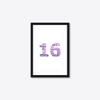 Personalised 16th Birthday Number Word Art – Purple Theme – Name & Hobbies – A5 – black frame