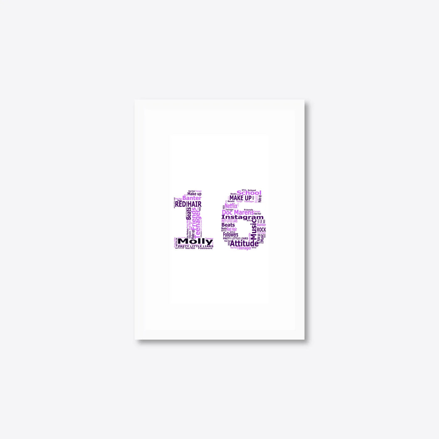 Personalised 16th Birthday Number Word Art – Purple Theme – Name & Hobbies – A5 – white frame