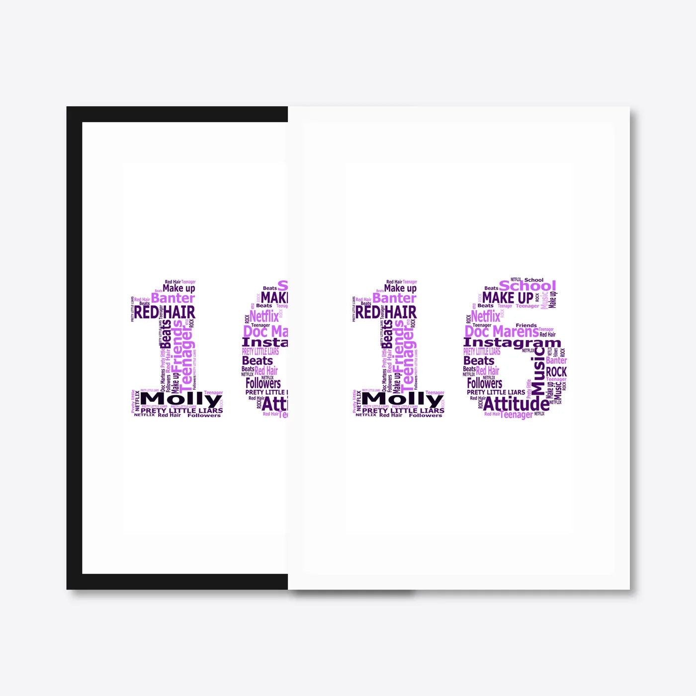 Personalised 16th Birthday Number Word Art – Purple Theme – Name & Hobbies – black & white frames side-by-side
