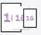 Personalised 16th Birthday Number Word Art – Purple Theme – Name & Hobbies – size lineup A3, A4, A5
