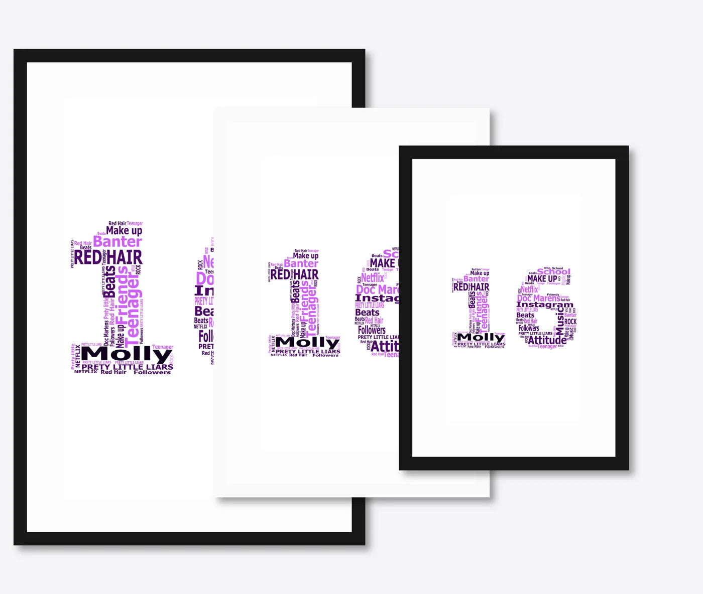 Personalised 16th Birthday Number Word Art – Purple Theme – Name & Hobbies – size lineup A3, A4, A5