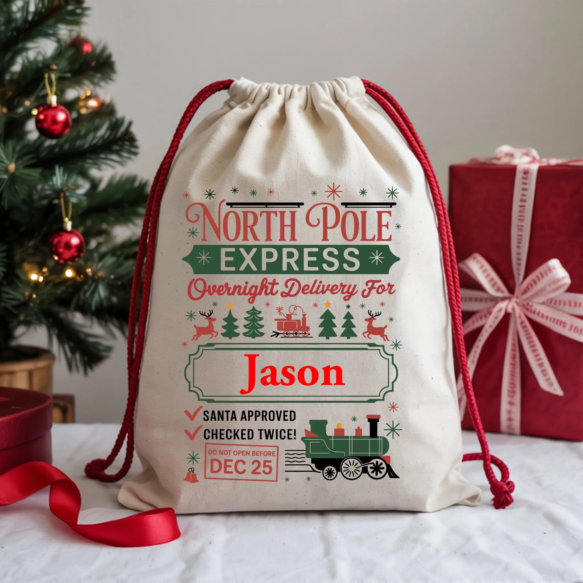 "Personalised North Pole Express Christmas Sack with Jason name – festive Santa gift bag with red drawstring"