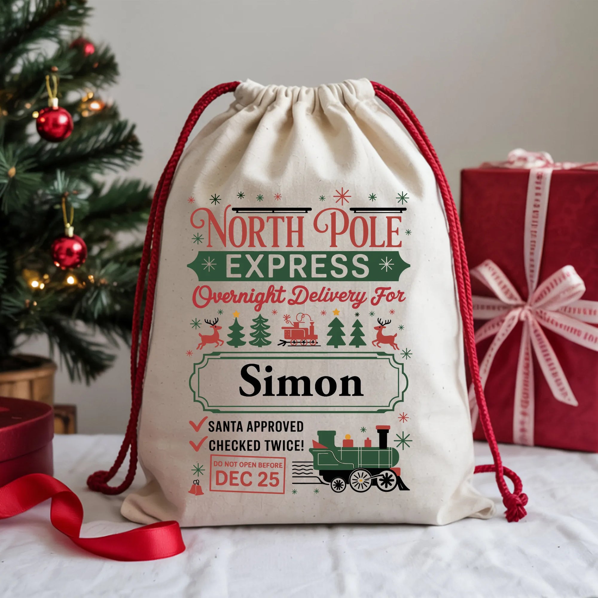 "Personalised North Pole Express Christmas Sack with Jason name – festive Santa gift bag with red drawstring"
