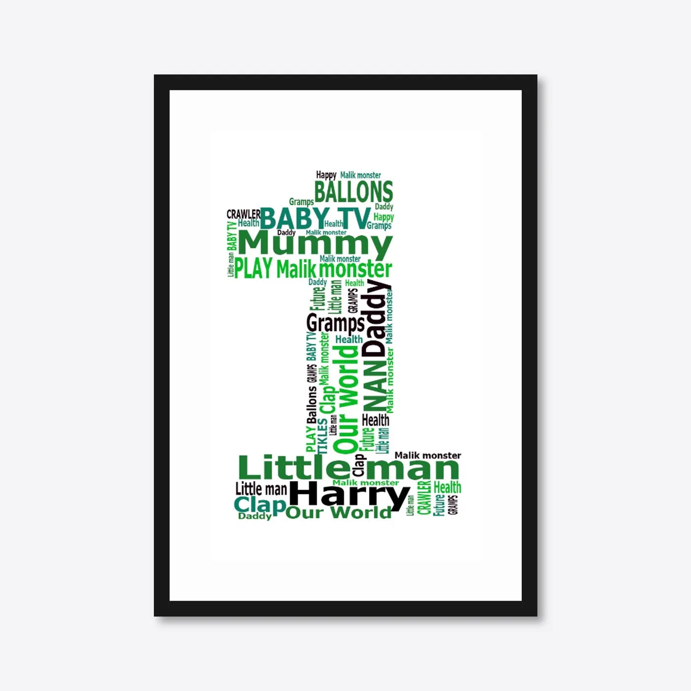 Personalised 1st Birthday Number Word Art – Baby Name Keepsake – A3 – black frame