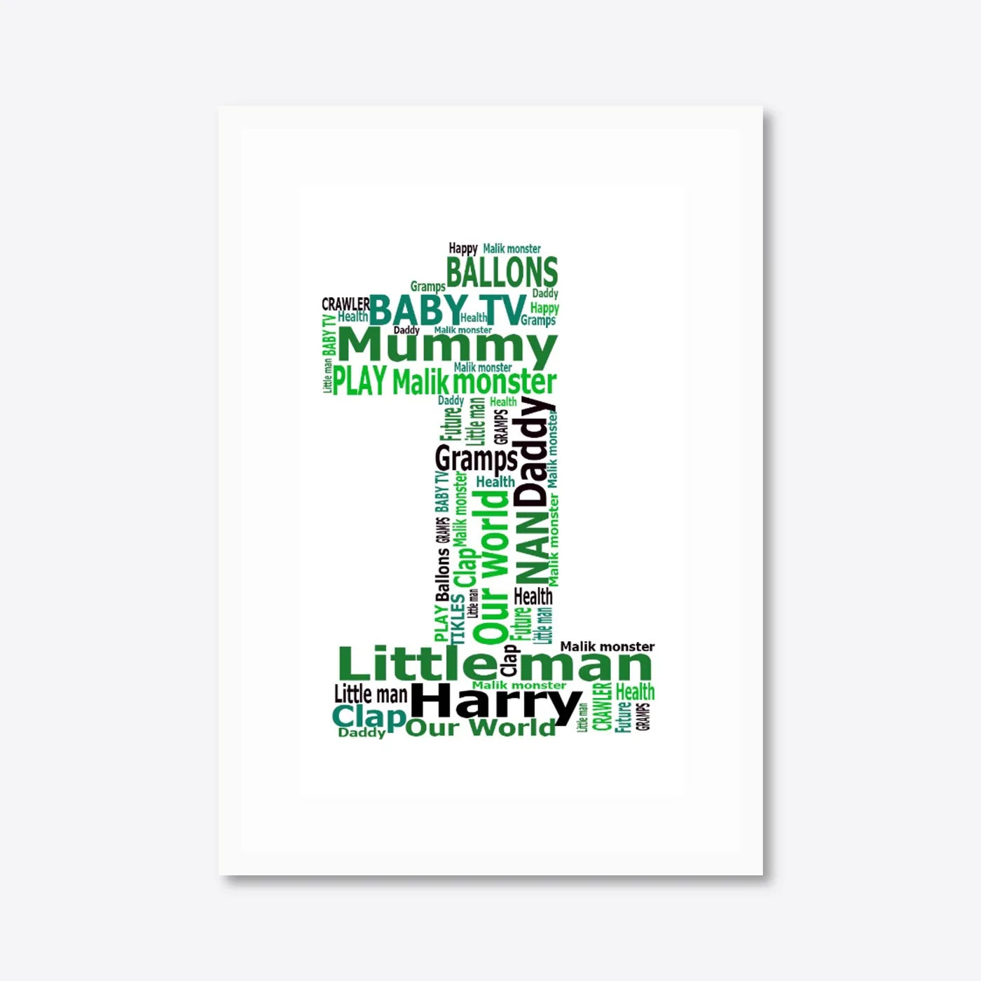 Personalised 1st Birthday Number Word Art – Baby Name Keepsake – A3 – white frame