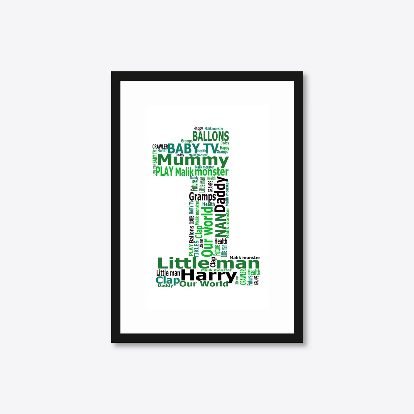 Personalised 1st Birthday Number Word Art – Baby Name Keepsake – A4 – black frame