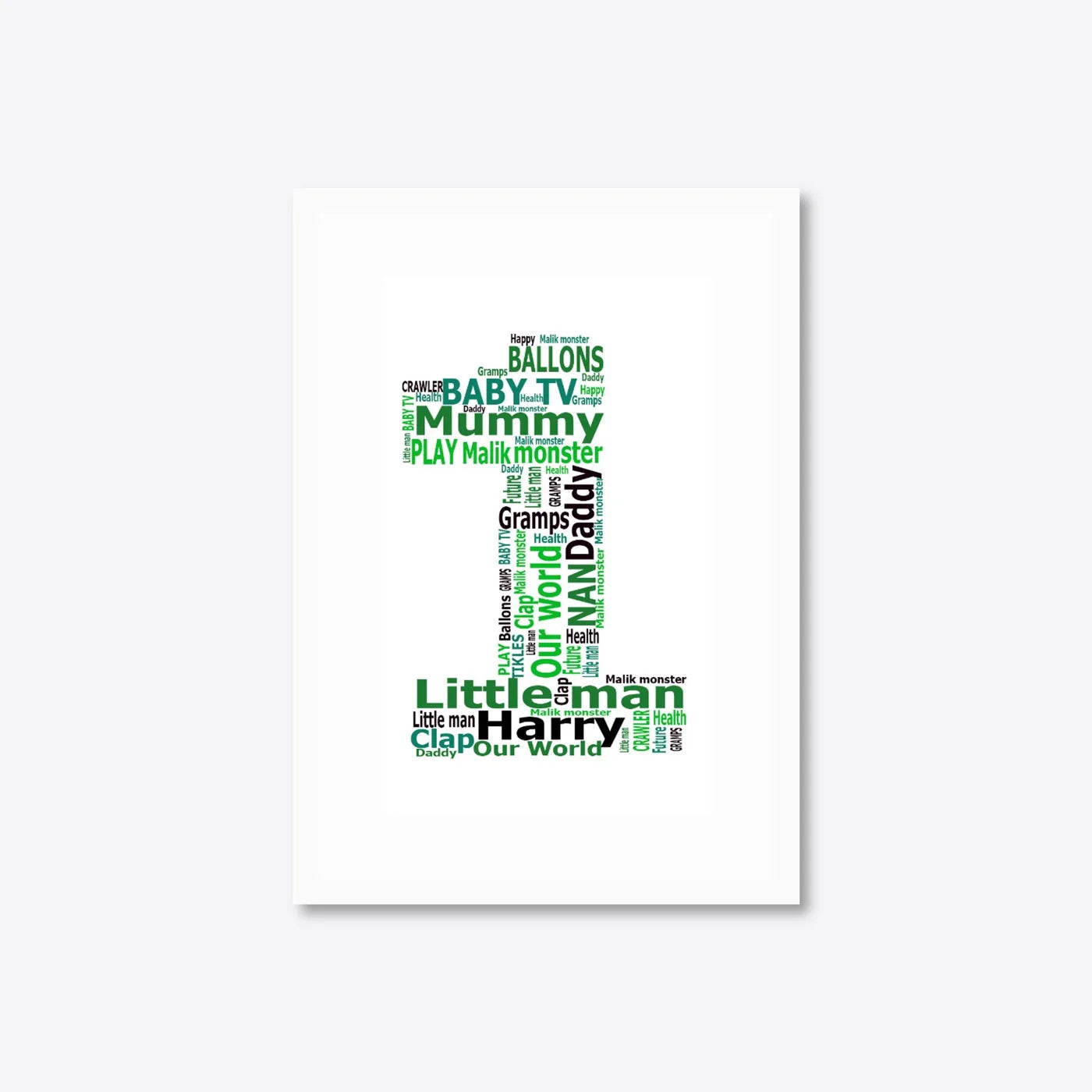 Personalised 1st Birthday Number Word Art – Baby Name Keepsake – A4 – white frame