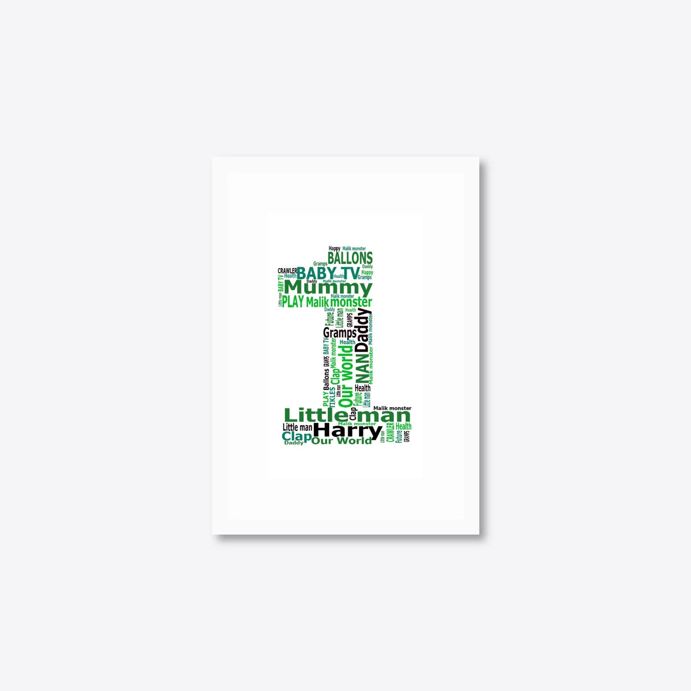 Personalised 1st Birthday Number Word Art – Baby Name Keepsake – A5 – white frame