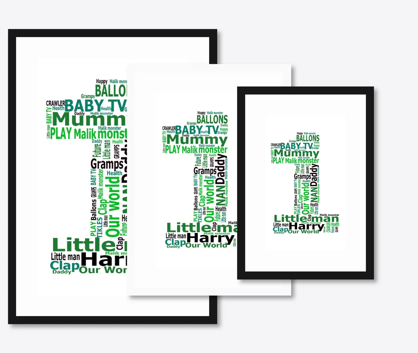 Personalised 1st Birthday Number Word Art – Baby Name Keepsake – size lineup A3, A4, A5