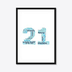 Personalised 21st Birthday Number Word Art – Teal Theme – Name & Memories – A3 – black frame