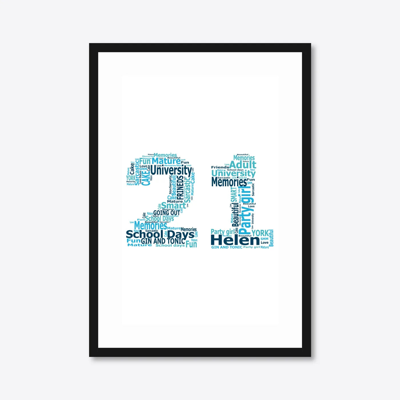 Personalised 21st Birthday Number Word Art – Teal Theme – Name & Memories – A3 – black frame