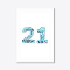Personalised 21st Birthday Number Word Art – Teal Theme – Name & Memories – A3 – white frame