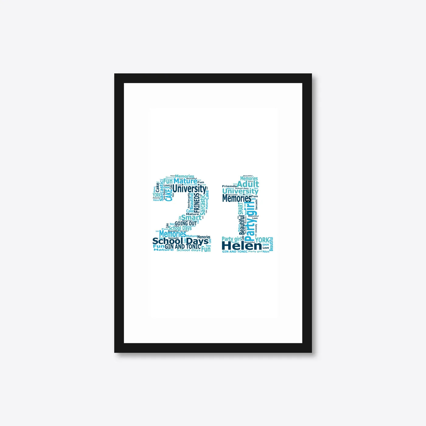 Personalised 21st Birthday Number Word Art – Teal Theme – Name & Memories – A4 – black frame