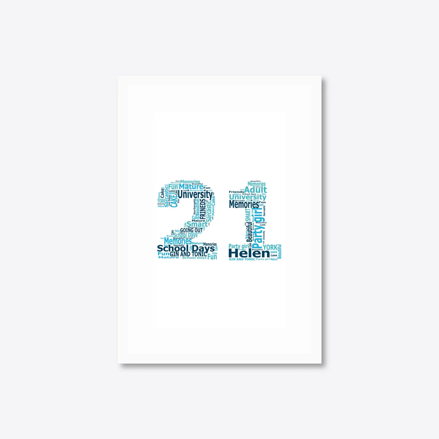 Personalised 21st Birthday Number Word Art – Teal Theme – Name & Memories – A4 – white frame