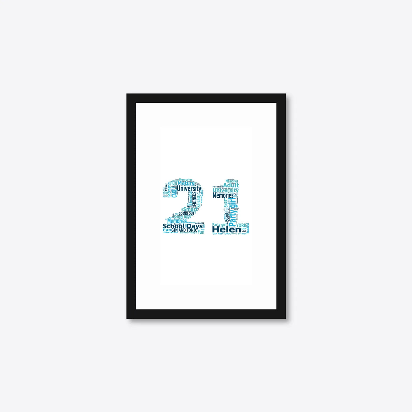 Personalised 21st Birthday Number Word Art – Teal Theme – Name & Memories – A5 – black frame