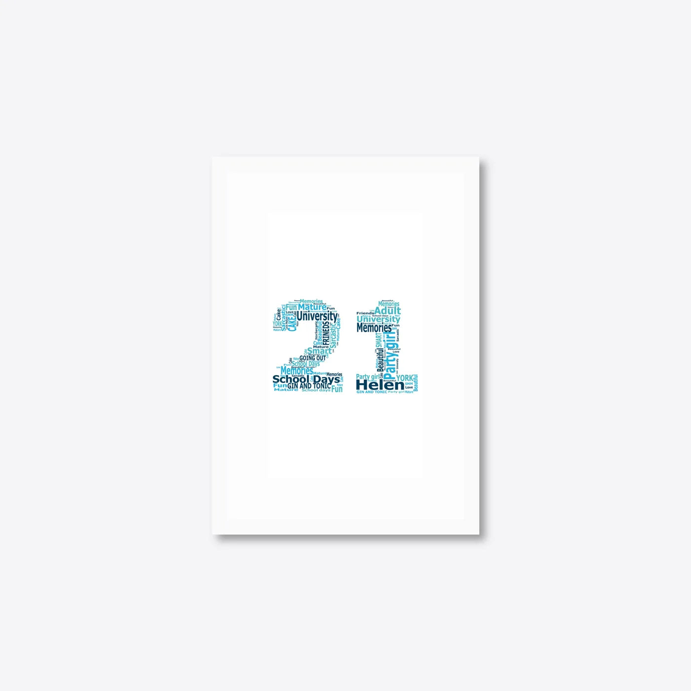Personalised 21st Birthday Number Word Art – Teal Theme – Name & Memories – A5 – white frame