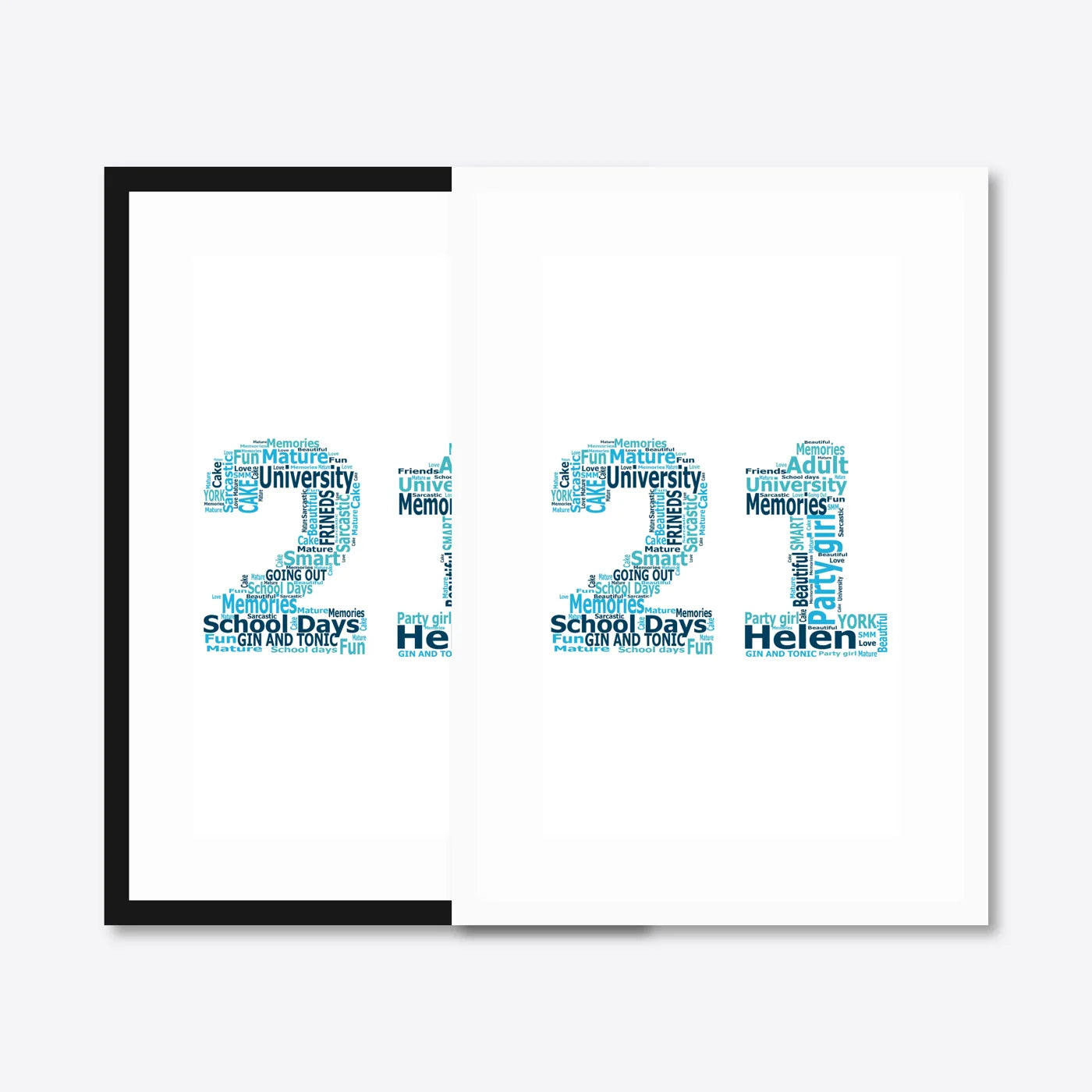 Personalised 21st Birthday Number Word Art – Teal Theme – Name & Memories – black & white frames side-by-side