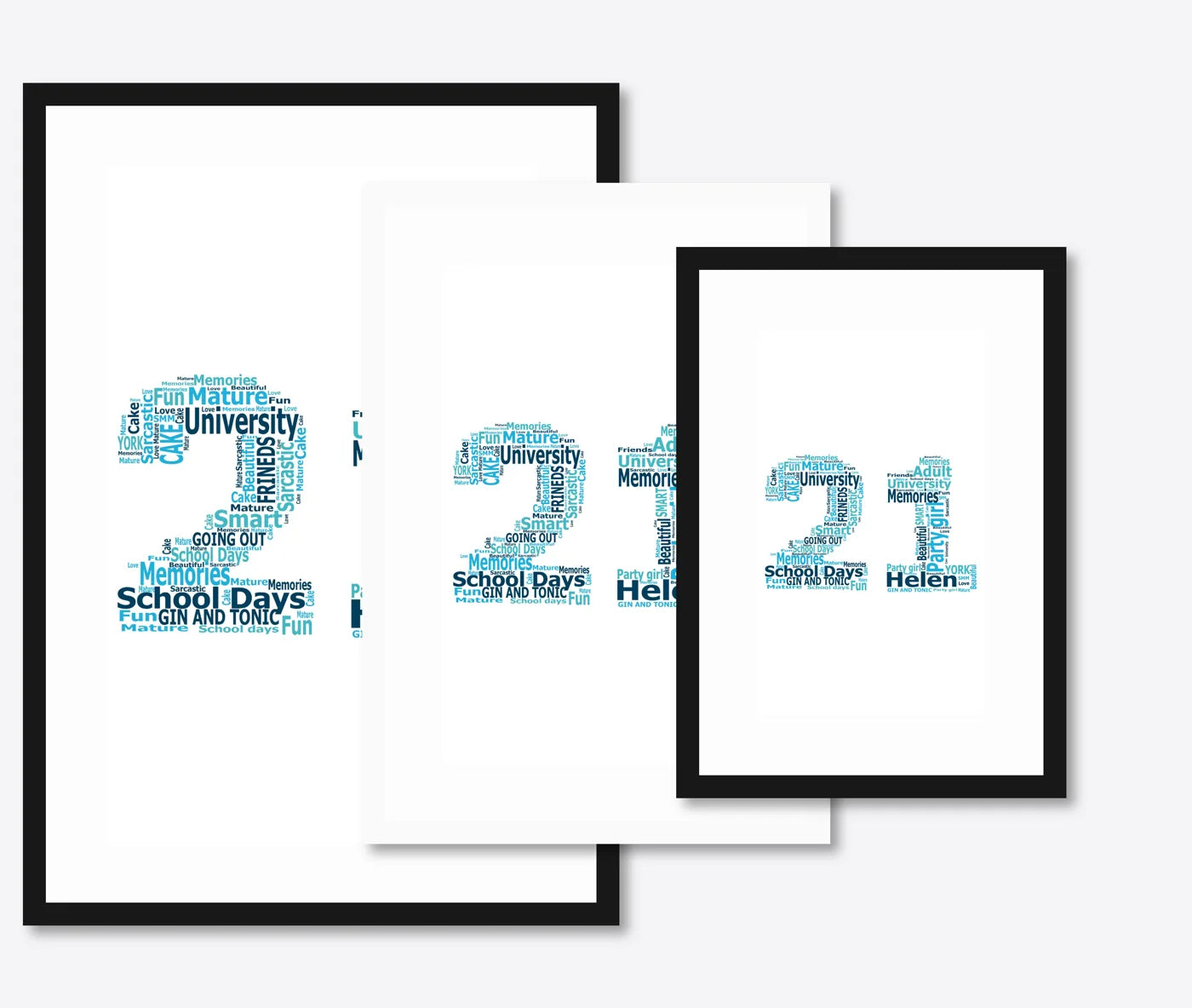 Personalised 21st Birthday Number Word Art – Teal Theme – Name & Memories – size lineup A3, A4, A5